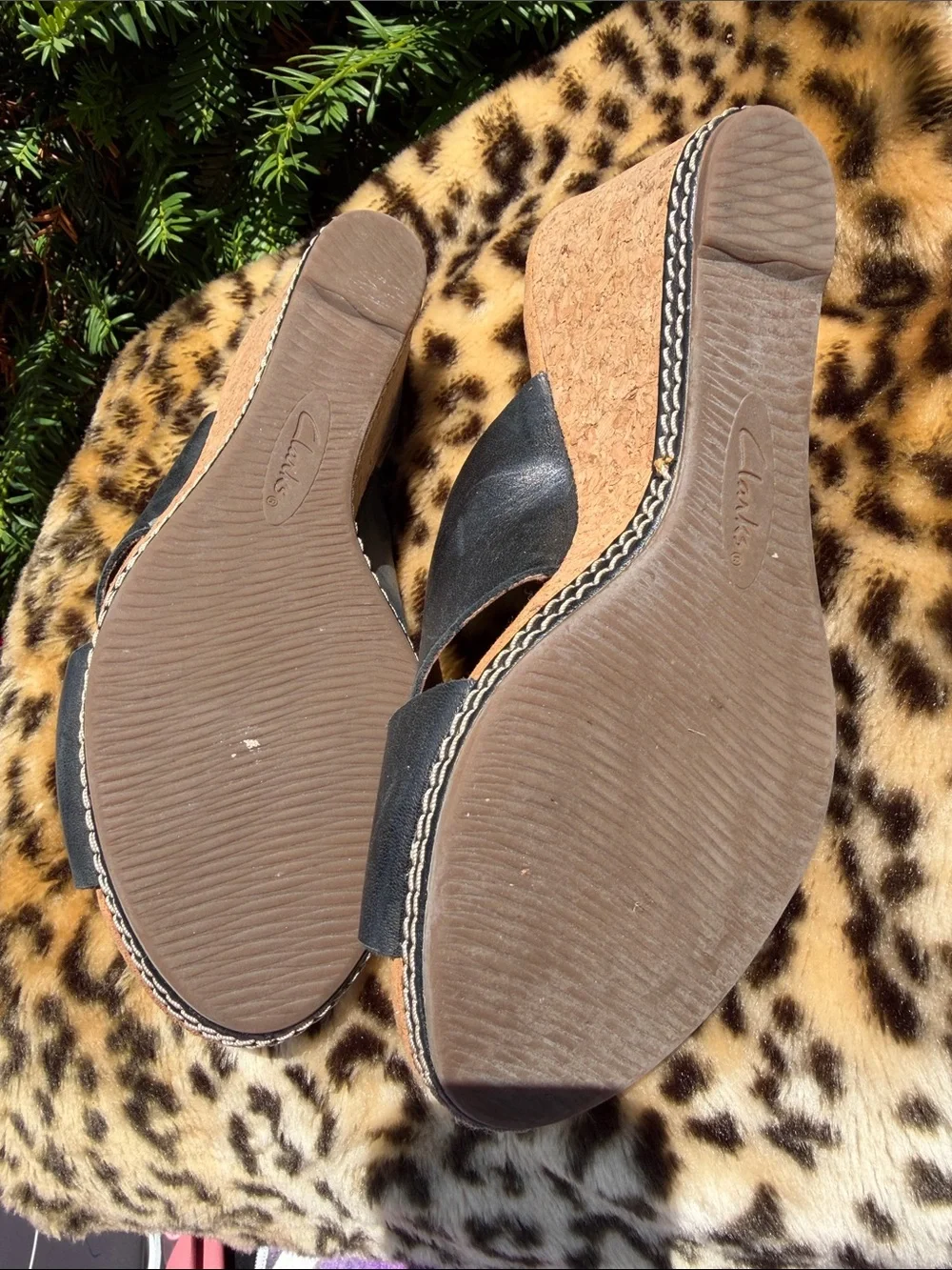 Clarks Black Cork Wedge Slide Sandals 7.5
